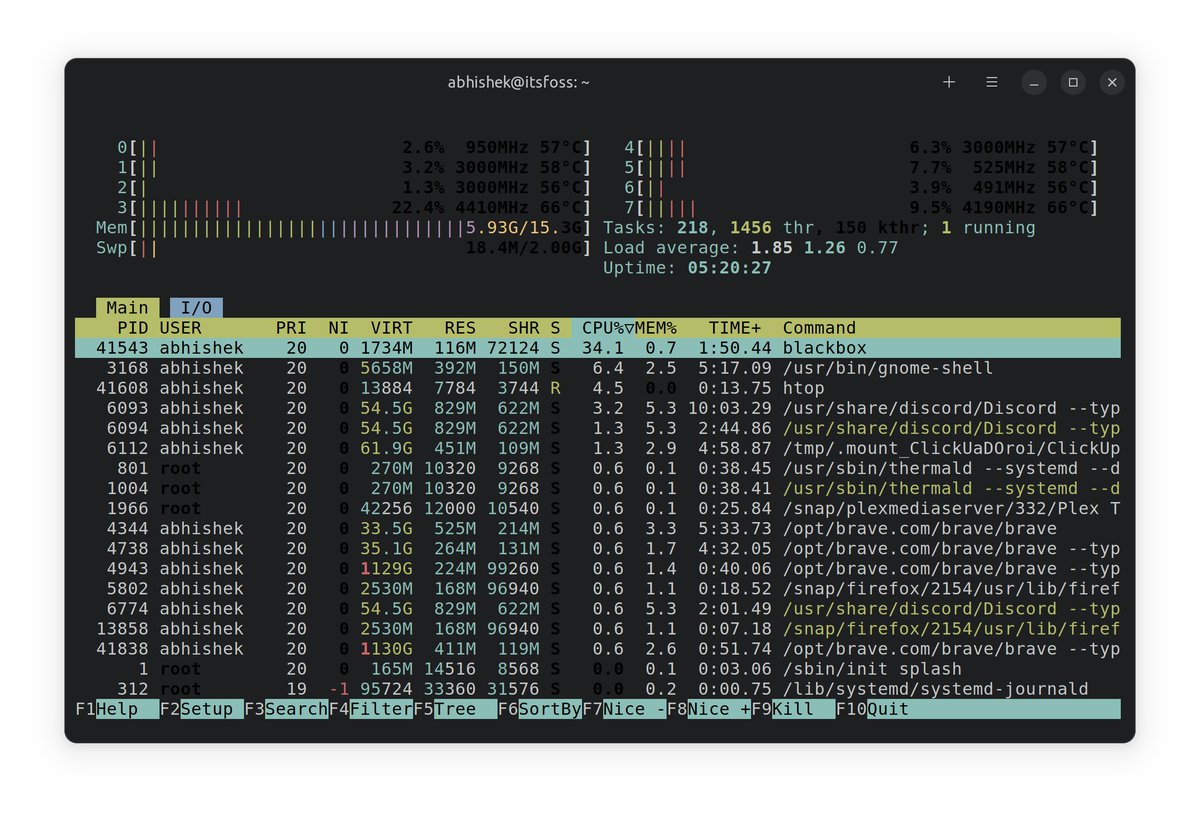 LinuxHandbook's tweet image. Did you know you can display CPU frequency and temperature in Linux using htop? 

Press F2 to access setup and check them in Display Options.

Press F10 to save and exit and you should see the frequency and temp on the top for each core.