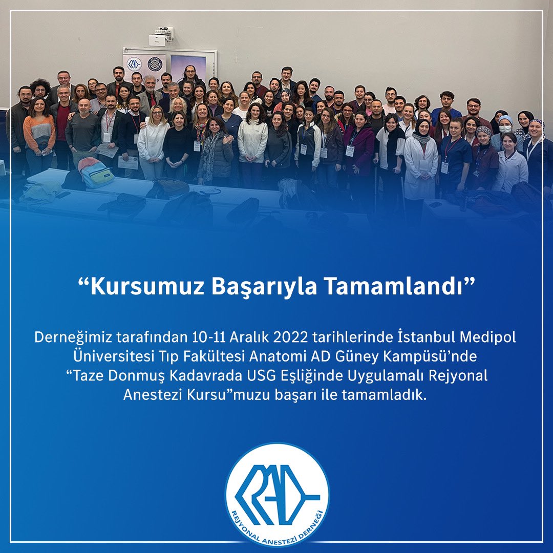 İstanbul Medipol Üniversitesi - USG Eşliğinde Uygulamalı Rejyonal Anestezi Kursumuz Başarıyla Tamamlandı.  

rad.org.tr/tr/istanbul-me…

#rejyonalanezteziderneği #istanbulmedipolüniversitesi #tıpfakültesi #usg #kurs