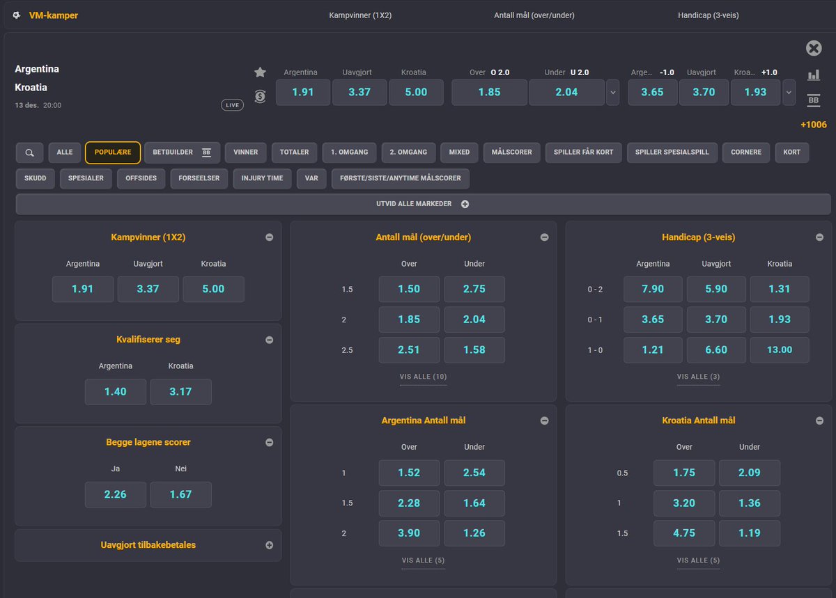 Oddshjelp's tweet image. Semifinale Argentina🇦🇷 -Kroatia🇭🇷 i kveld 20.00

1⃣♥️
2⃣ Tipp resultatet etter 90 minutt.

#oddsbonus til en med rett svar.
#WC2023 #2fotball 

Coolbets odds på kampen finner dere her:
coolbet.com/no/odds/fotbal…