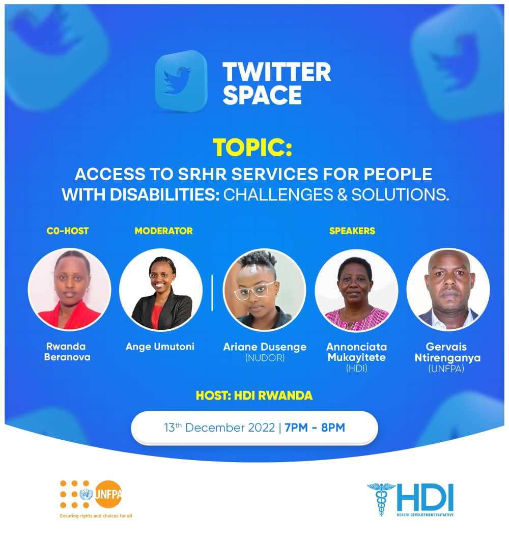 Join us today in Twitter space at 7PM - 8PM under the theme 'Access to SRHR services for people with disabilities: challenges and solutions'
#IDPD22
