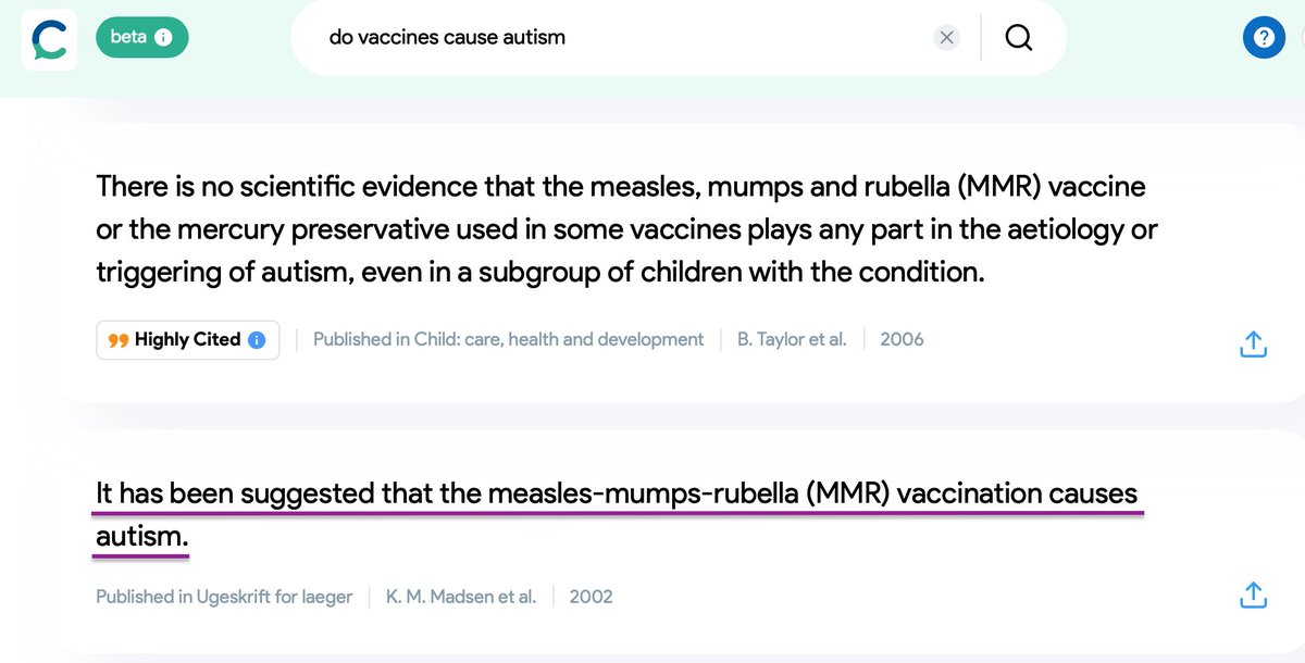 ccansu's tweet image. I was asked to check @ConsensusNLP, &quot;a new search engine that uses #AI to find you answers in scientific research&quot;. This is how it misrepresented the infamous argument ⬇️
When providing bite-size answers, accuracy is even more crucial cuz no one will read the article.
#AIethics