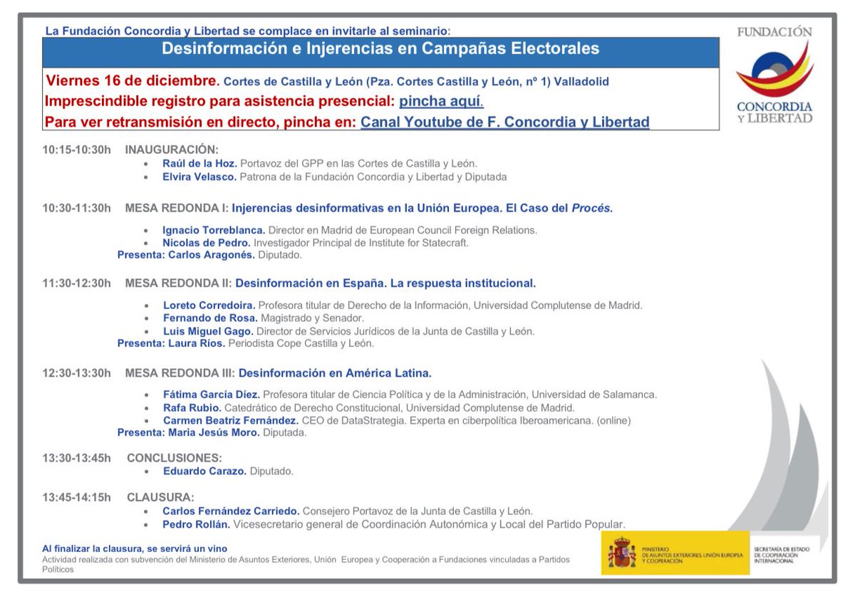 FundacionCyL's tweet photo. Te invitamos a participar en el seminario sobre:DESINFORMACIÓN e INJERENCIAS EN CAMPAÑAS ELECTORALES

🗓 Fecha: viernes, 16 de diciembre a las 10:15h  

📍Dónde: Cortes de Castilla y León 

👉 Imprescindible registro para asistencia presencial: https://t.co/wvgstuoiFF https://t.co/cqAtIaw1r1