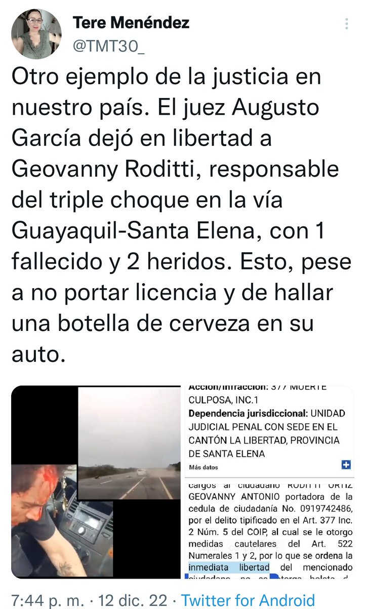EsteffaPf's tweet photo. 🛑Caso #Roditti 
❌ 2018 Golpea salvajemente a un guardián de seguridad
❌2019 intimida a otra persona con bate 
❌2022 Ocasiona accidente de tránsito
❌2023 que esperan??? Que mate a una persona...
@PoliciaEcuador @FiscaliaEcuador 
Ya bájenle 🤑🤑🤑 https://t.co/gKEySY9wRe