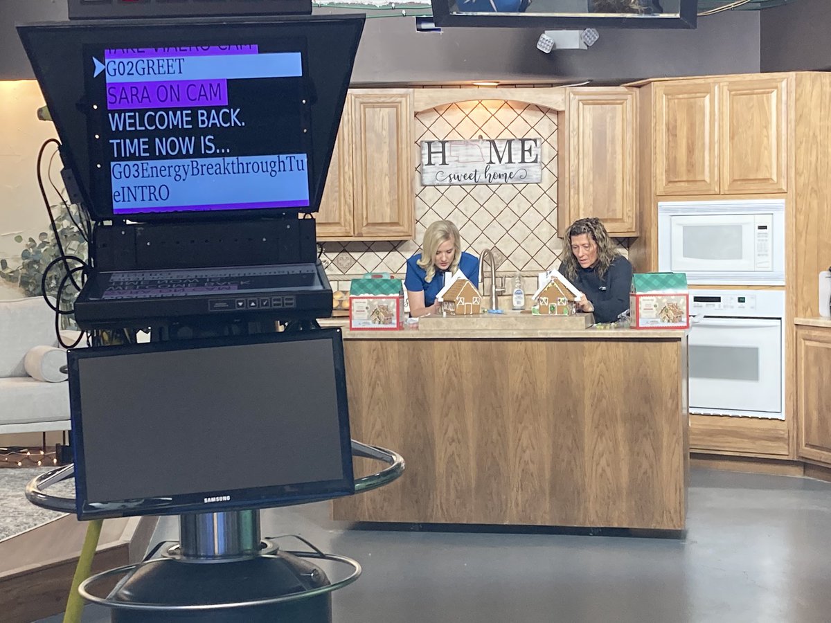 SaraKirkley's tweet photo. Lots of diligent work being done behind the scenes on #GMN this morning. #GingerbreadHouseContest https://t.co/6bbQY9lO6e