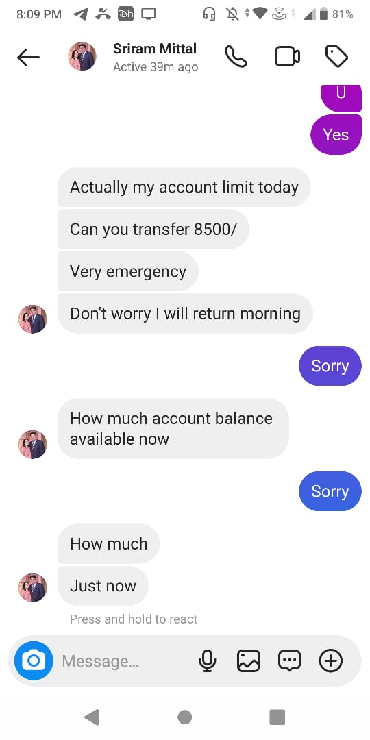 srirammittal's tweet photo. @DCCyberKP 
Someone has created Fake profile with my pic and using my name. He is asking money from friends. Please help us to stop such fraud. https://t.co/7fRnjRG8n5