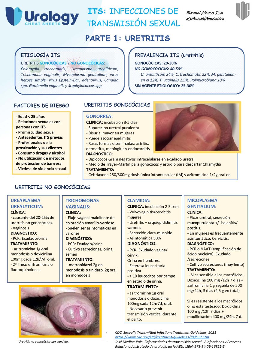 #Urethritis has many causes, but sexually transmitted infections #STIs such as #chlamydia, #gonorrhea, #ureaplasma, #HSV and #trichomonas are the most common causes. 

Do you want to know more? 

Don’t miss this #urologycheatsheet created by @ManuelAlonsoUro!
UCS BY @ROC_Urologia