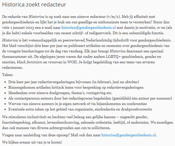 Sietske van der Veen (@sbvanderveen) on Twitter photo Je hebt nog iets meer dan twee weken om te reageren! <a href="/VVG_Historica/">Vereniging voor Gendergeschiedenis</a> is op zoek naar een nieuwe redacteur (onbezoldigd). #gendergeschiedenis #GenderHistory #Twitterstorians Je hebt nog iets meer dan twee weken om te reageren! <a href="/VVG_Historica/">Vereniging voor Gendergeschiedenis</a> is op zoek naar een nieuwe redacteur (onbezoldigd). #gendergeschiedenis #GenderHistory #Twitterstorians
