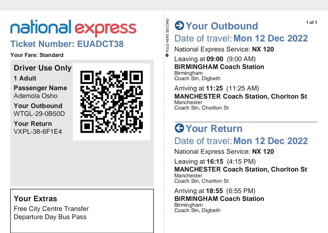 Oshoademola1's tweet photo. @nxwestmidlands , I bought ticket to Manchester (right) with extra 3£ to cover for West Midlands bus.The QR was not recognized and driver refused to acknowledge the ticket. I bought a new ticket (adult saver) to be able to commute yesterday. Kindly advise on refund. Thank you https://t.co/qjsmICmZOY