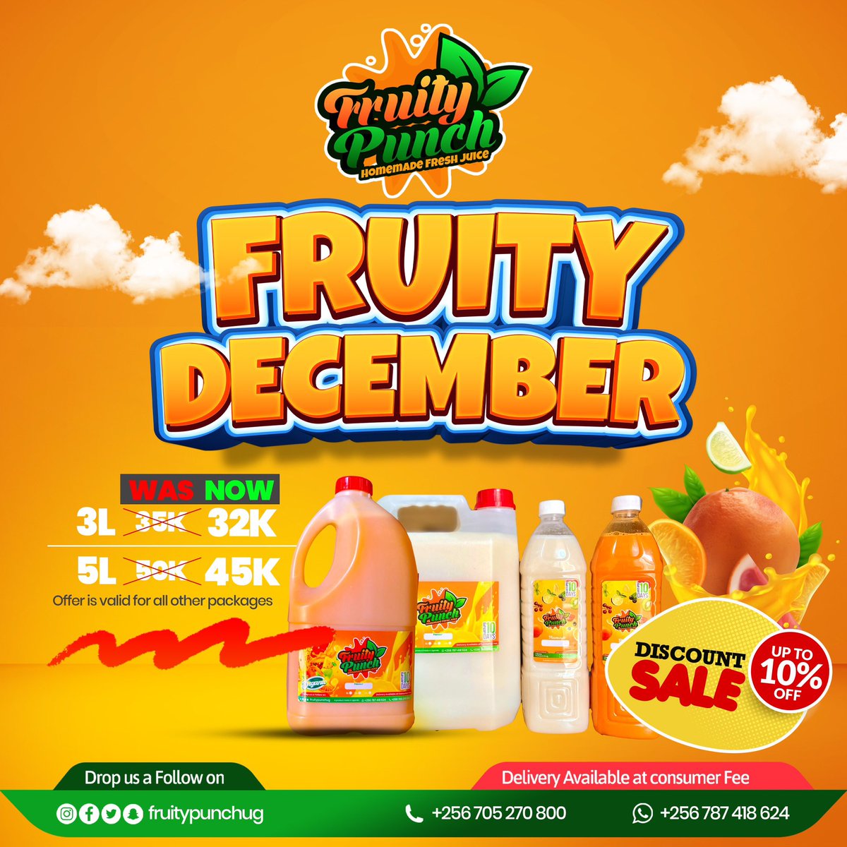 Enjoy blissful moments with Family and Friends this Holiday through our 10% OFF Fruity December Offer. Enjoy all your favorite fruit flavor juices at a ⚠️DISCOUNTED PRICE⚠️. Mix your Feelings 🥭🍓🍇🍉🍏🍋🍌
#fruitypunchug 
#december 
#discountedprices