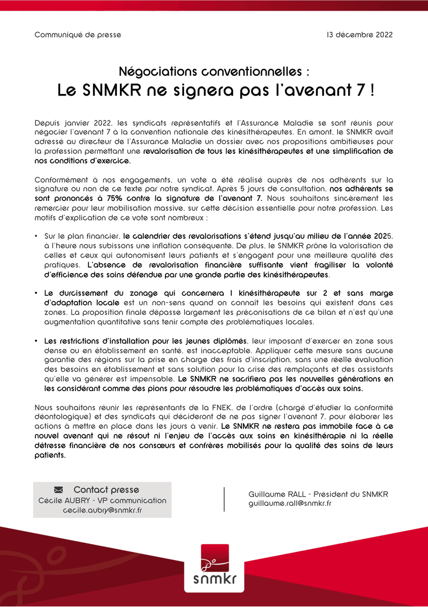 SNMKR1's tweet photo. Négociations conventionnelles : le SNMKR ne signera pas l'avenant 7 !

Merci à nos adhérents pour leur mobilisation massive, nous n'en resterons pas là ! #teamkiné https://t.co/7QtsSv1YNe