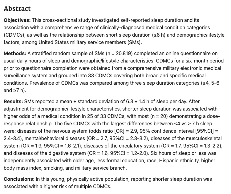 🔥 off the press: Short sleep duration is associated with a wide variety of medical conditions among US military service members

pubmed.ncbi.nlm.nih.gov/36470164/