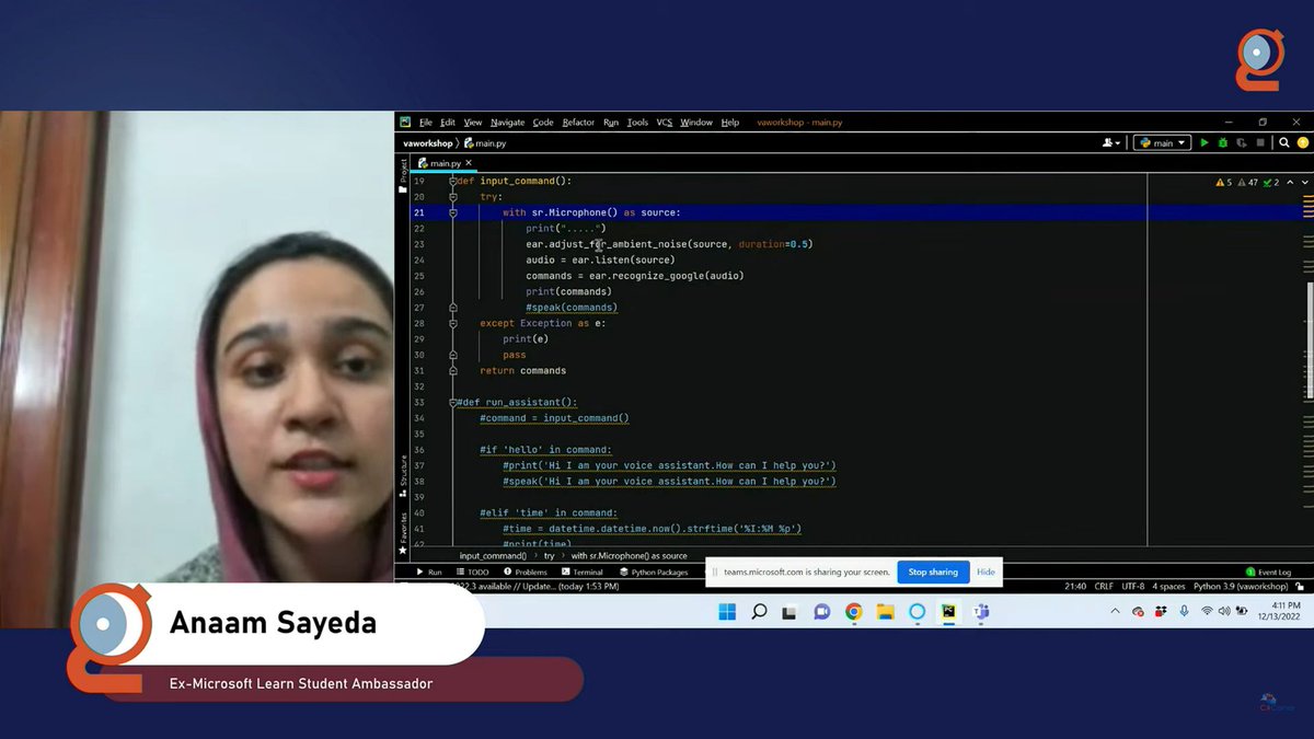 CsharpCorner's tweet image. #GlobalAIStudentConference - Welcome @the_she_coder, who is talking about AI voice assistant using #python.
Catch her live here>> c-sharpcorner.com/live/
@GlobAICommunity #GlobalAICommunity #Student #AI #Community