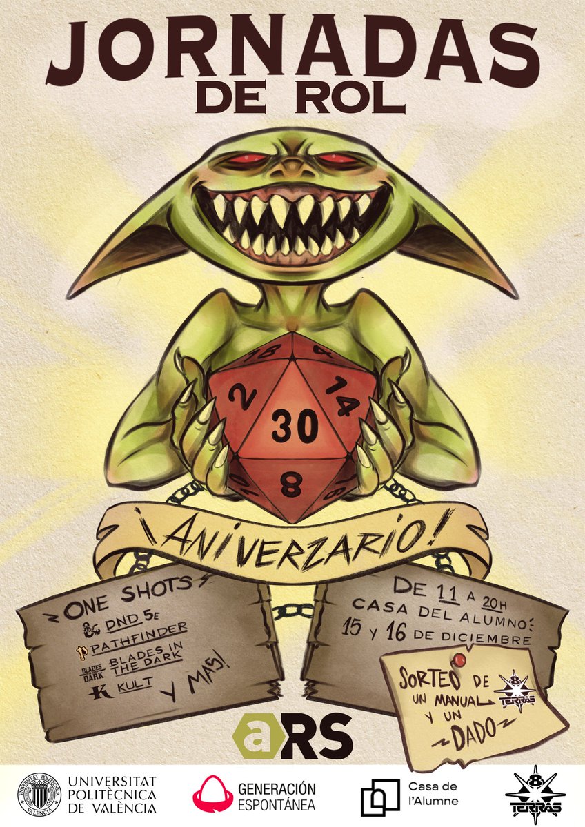 ARSUPV's tweet photo. JORNADAS DE ROL!🌴
Venid a disfrutar de nuestras partidas y juegos de mesa el 15 y 16 de diciembre, en la casa del alumno de la UPV
De 11 a 20h 
Os esperamos💥 https://t.co/EySEcK5A4E