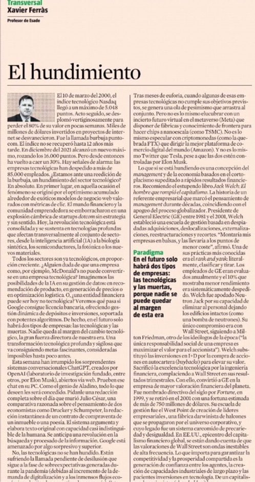 alfonsof's tweet photo. ¿Se está hundiendo el sector tecnológico, tras una oleada de despidos masivos? En absoluto. De hecho, en el futuro sólo habrá dos tipos de empresas: las tecnológicas y las muertas. Por Xavier Ferràs https://t.co/EBrGCNmMbj