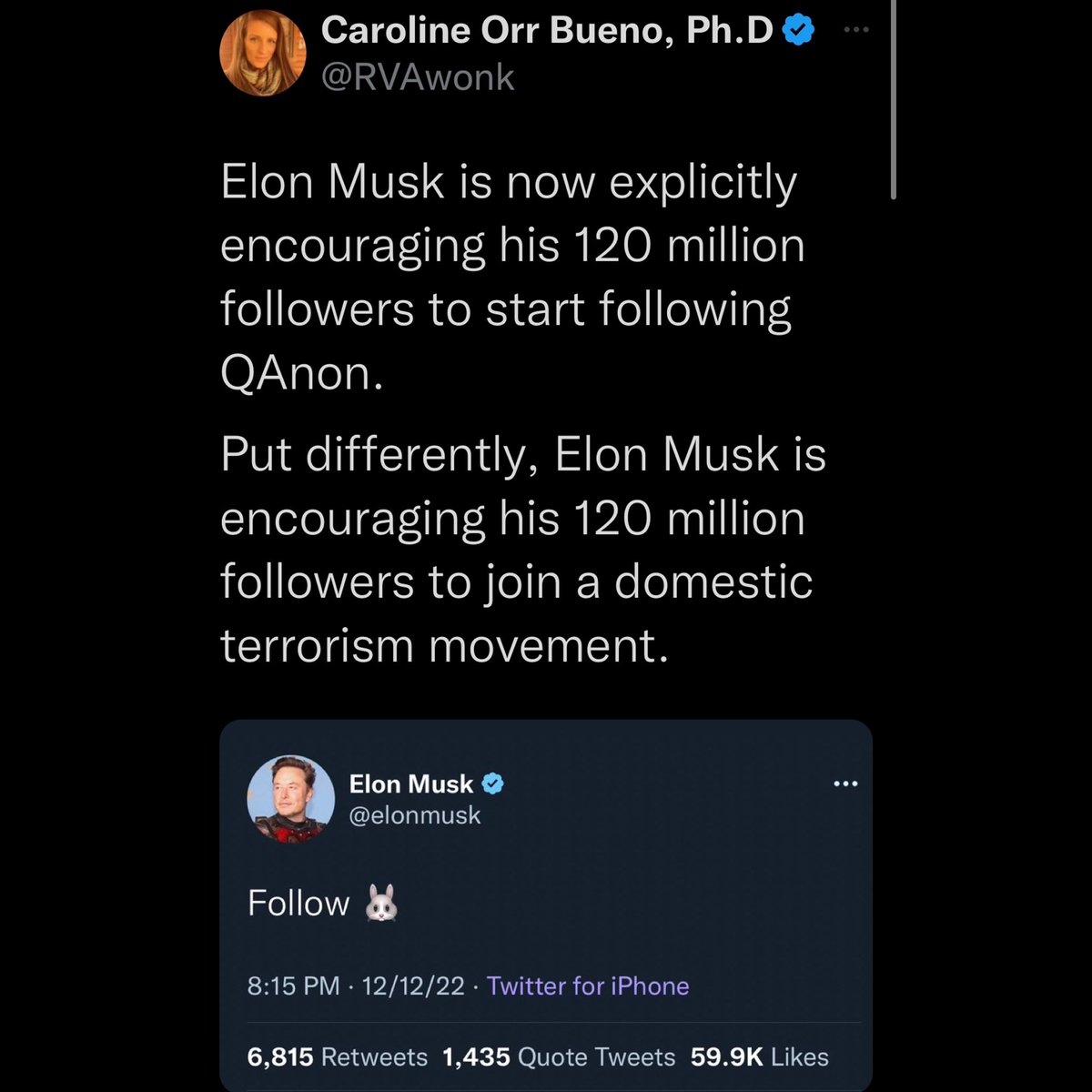 Elon tweets a 🐰 emoji and this broad puts him in the same category as Timothy McVeigh. You can’t reason with people like this.