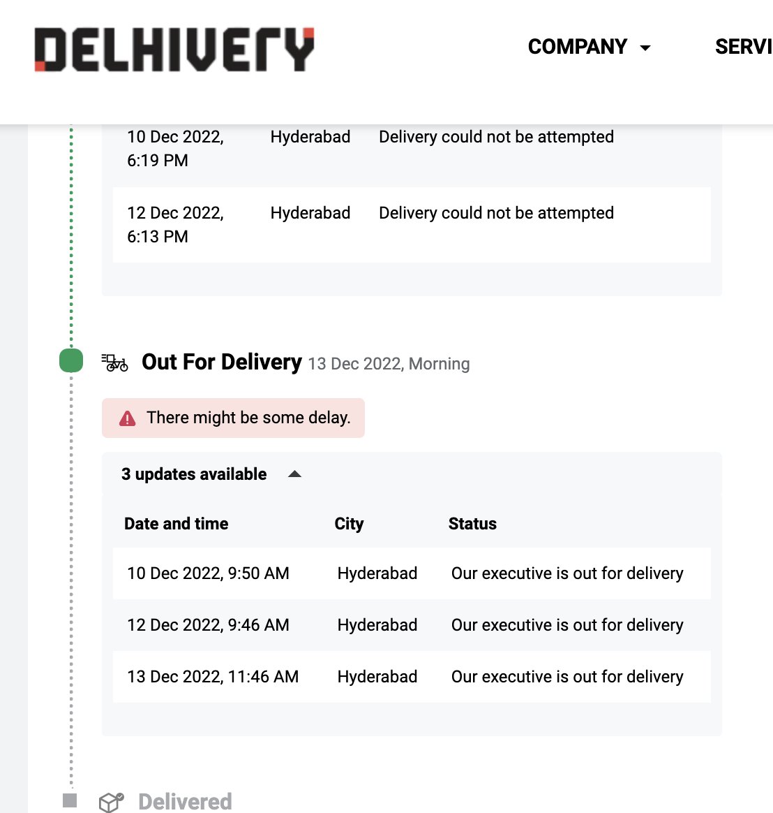 Santyrock's tweet photo. @help_delhivery @delhivery Do you guys think this is some kind of a joke? Please look at your status update. It is showing out for delivery since 10th Dec with no ETA and the package is within 5 kms radius. All this becoz one courier guy who keeps calling for address but never shows up. https://t.co/WZ5wp8vjtC