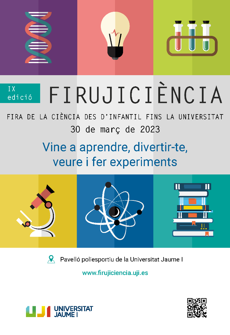 #FirUJIciència 2023 ja està en marxa! 🗓️30/3/2023 ▶️De 10 a 13 h📍 Pavelló #CampusUJI.
Fira de la ciència per estudiantat preuniversitari, universitari i personal investigador. Tallers i demostracions de #ciència per a tot el públic assistent.  firujiciencia.uji.es