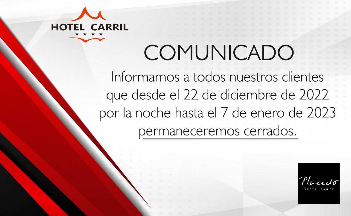 Informamos a todos nuestros clientes que desde el 22 de diciembre de 2022  por la noche hasta el 7 de enero de 2023 permaneceremos cerrados. 

Para información y reservas estaremos a vuestra disposición mediante nuestro correo electrónico 
✉️ reservas@hotelcarril.com