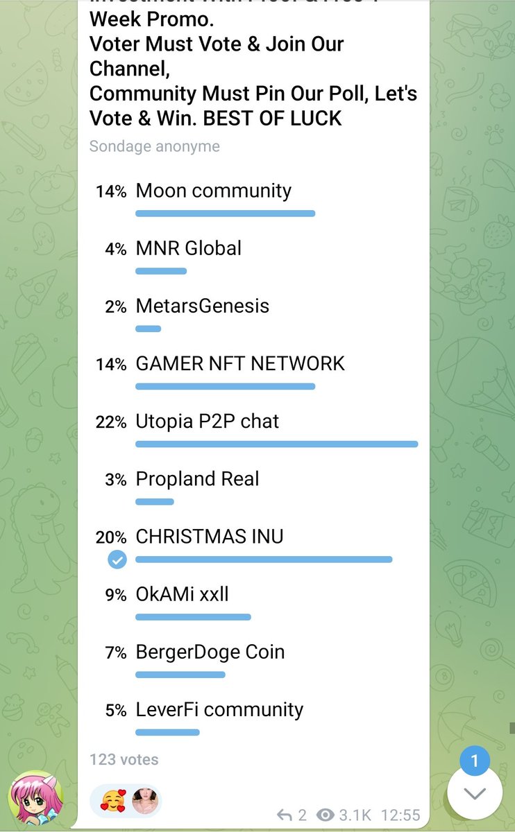 🔥 New vote  on telegram $KCI Army 🔥

#ChristmasInu is second 😱

Chanel: t.me/Kinderchristma…

Let's go 🚀

#Altcoins #altcoin #Bsc #Bnb #Bnbchain #Crypto $bnb #Token