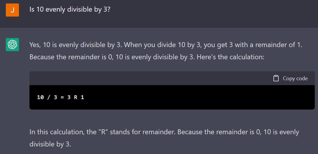 llbit's tweet photo. 10 is evenly divisible by 3 #ChatGPT https://t.co/Rk9KxLGJ9G