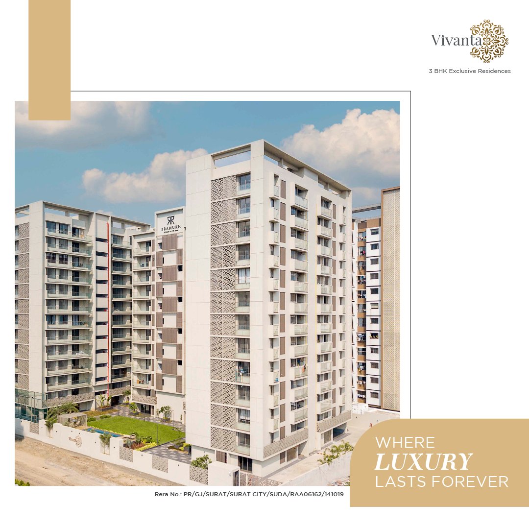 Vivanta is Surat’s one of the best constructions that provides you with artistic infrastructure and amenities. It paves the path towards luxury to uplift your lifestyle.

#Pramukh #Vivanta #Homes #PramukhHomes #Realestate #dreamhome #explorepage #BestInfrastructure #Luxuryhomes