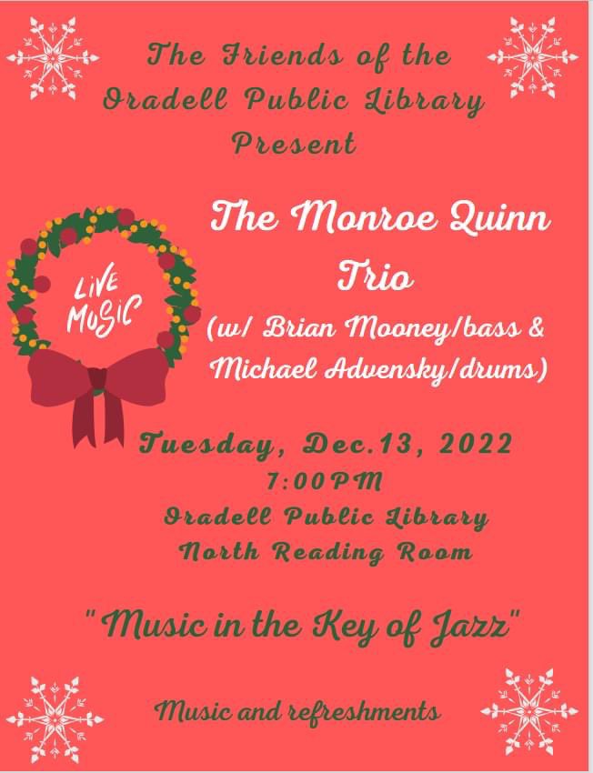 Tonight! Free concert with jazz arrangements of holiday favorites. Plus a few surprises and light refreshments! See you there! #holidaymusic #jazzguitar #oradellnj #oradellpubliclibrary #Christmas