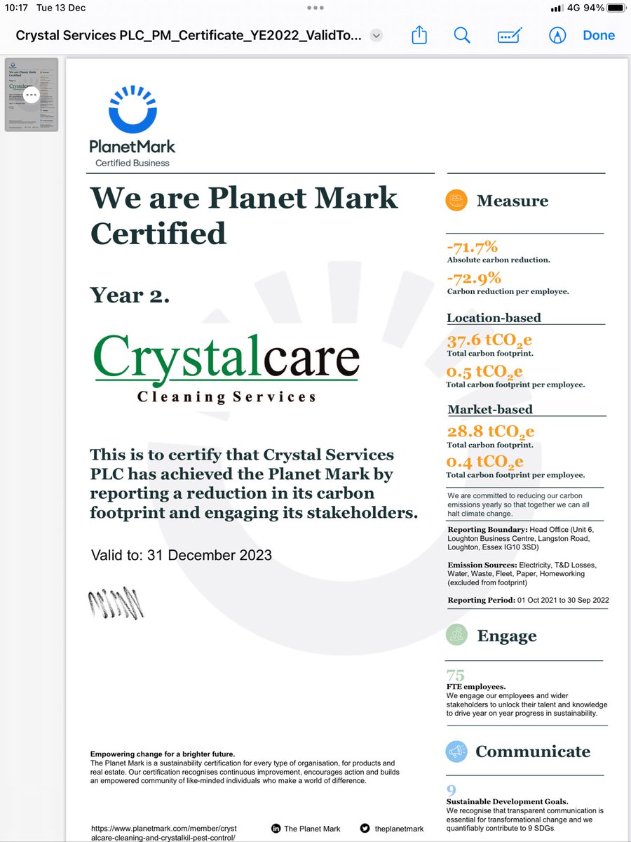 We are pleased to received our annual Planet Mark certificate with a significant carbon reduction. #passionateaboutsustainability