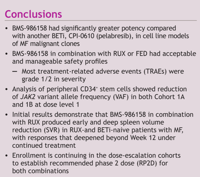 MPN_Hub's tweet photo. #ASH22 | Rosa Ayala @interna_12 presents 
BETi BMS-986158 + RUX/FED is reported to have acceptable and manageable safety profiles. BMS-986158 + RUX produced early and deep spleen volume reduction. Enrollment ongoing for RP2D.
#medicalcongress #MPN #MPNsm @ASH22 https://t.co/snKxGmg4Nb