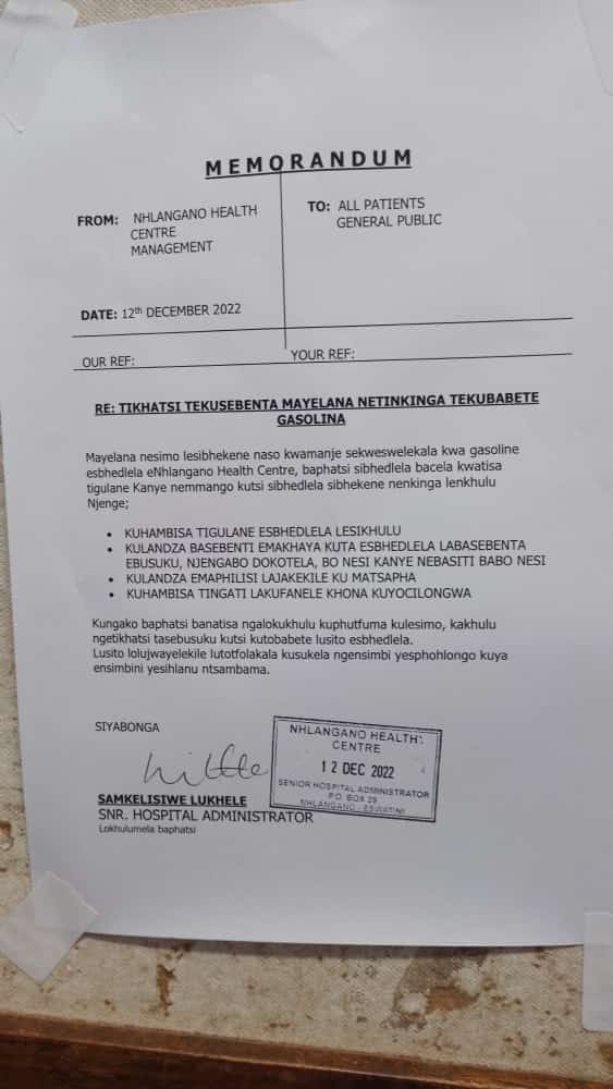 SUDF24's tweet photo. Nhlangano Health Centre has issued a memorandum today informing patients that they won't work normal as they are running short of fuel to transport patients to hospital. This is really disturbing because https://t.co/XcQbuatvKK… https://t.co/UeQr2Rq3tZ