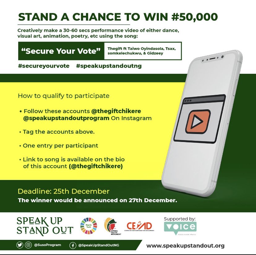 Hello content creators! 

Here’s an opportunity to create content to win prize money with <a href="/thegiftchikere/">Thegift Chikere</a> <a href="/voicetweetz/">Voice</a> and <a href="/SusoProgram/">SpeakUpStandOutNG</a>

Please follow the guide on the flyer 😊 
#SpeakUpStandOutNG