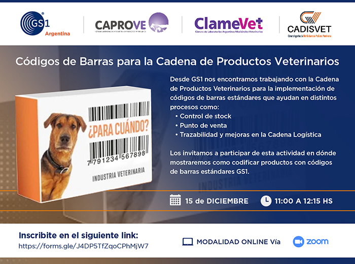 GS1argentina's tweet photo. 📢#WebinarGS1: "Códigos de Barras para la cadena de Productos #Veterinarios" 🐶💉
Participarán las cámaras: #CAPROVE @cadisvet, #Clamevet
🗓️Jueves 15 de diciembre | 11:00 a 12:15 hs | Inscripción gratuita: 🔗 https://t.co/2zbJPgNH6E
#productosveterinarios #trazabilidad https://t.co/rVcHV1fOv3