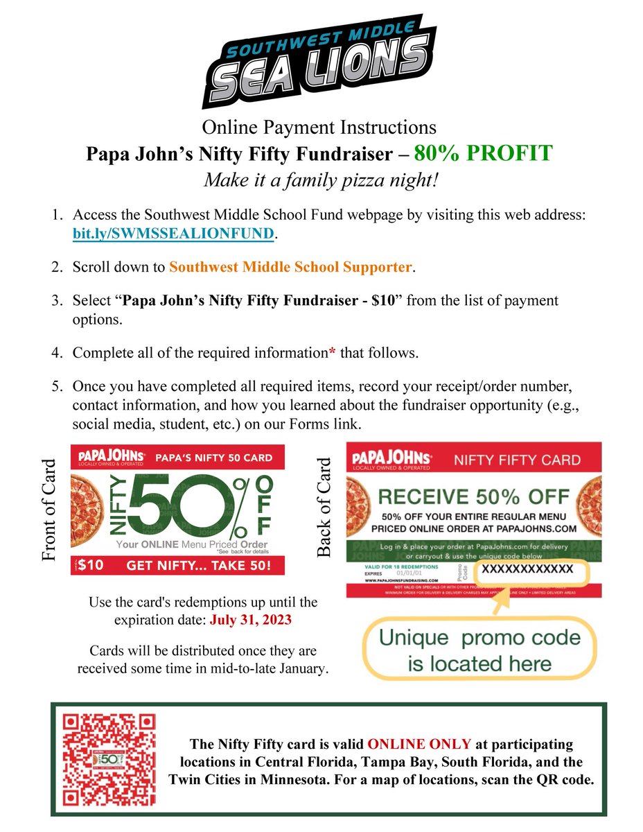 ONLY 24 days left to #getnifty and #save50! 

Visit bit.ly/SWMSSEALIONFUND to purchase your Nifty Fifty card today — valid for 18 redemptions of 50% off your ENTIRE online or app order! 
🍕#letsgetnifty