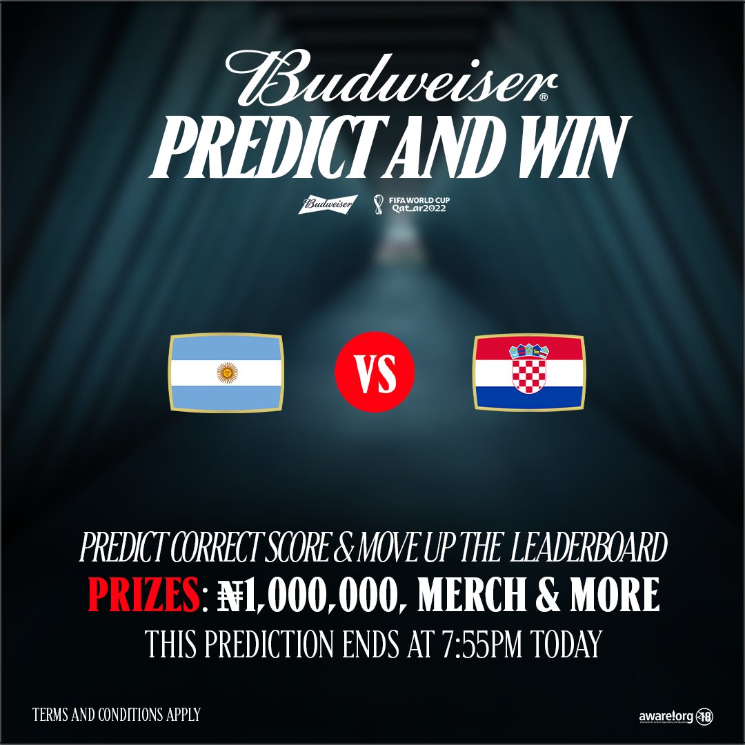 BudweiserNG's tweet photo. Only 1 of #ARG and #HRV can make the final. Who wins?

Quote this tweet to predict correct score and DM us your prediction!

Must use #BudweiserPredictAndWin &amp; follow us on all platforms. Each correct prediction = 1 point.

💥₦1,000,000💥 is #YoursToTake

Ts &amp; Cs Apply. #ARGCRO https://t.co/WvBpPdwdIn