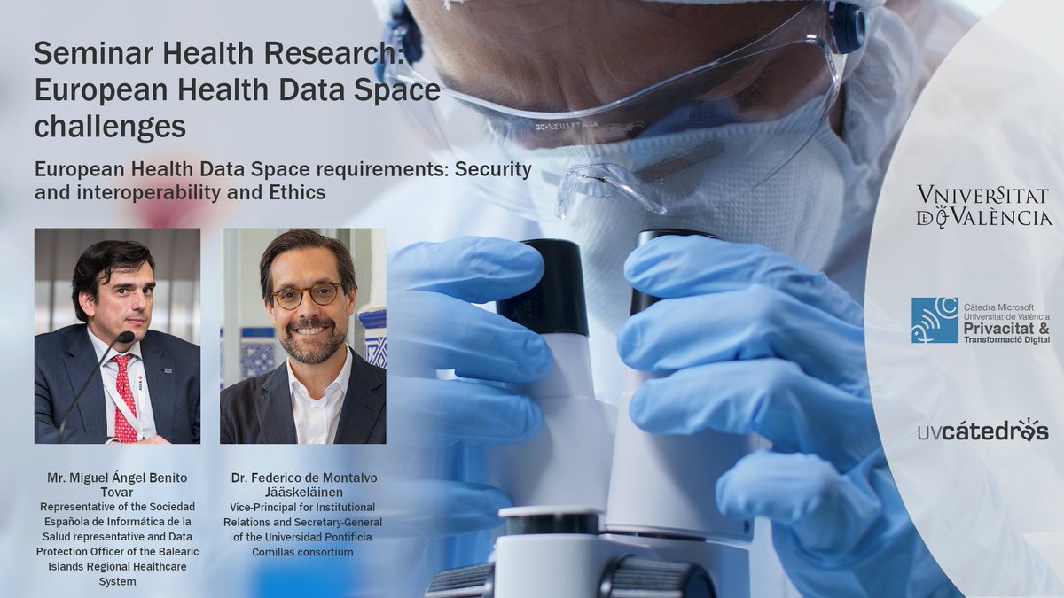 🔄Compartimos:

📽️Panel “European Health Data Space requirements: Security and interoperability and Ethics” en seminario Health Research: European Health Data Space challenges.

➡️Ponentes: <a href="/mabenitotovar/">Miguel Angel Benito</a> y Dr. Federico de Montalvo Jääskeläinen.
👇🏽
vimeo.com/777285062
