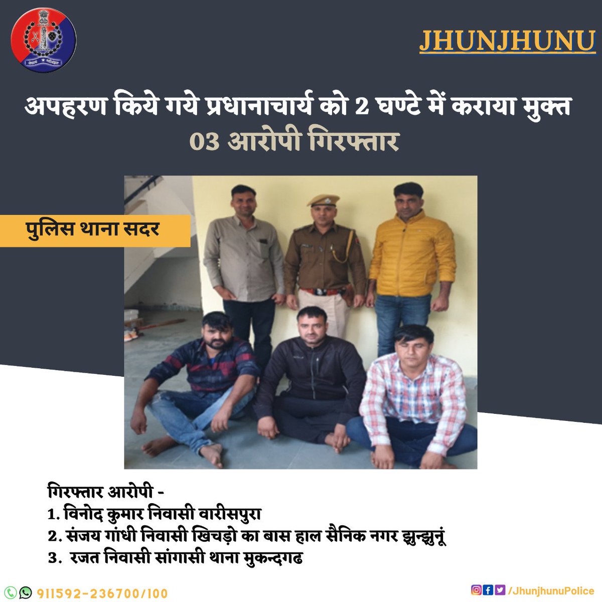 अपहरण किये गये प्रधानाचार्य को 2 घण्टे में कराया मुक्त