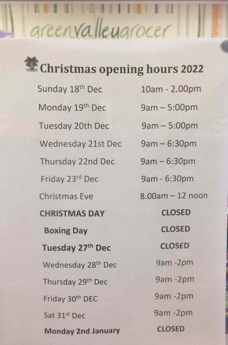 Green Valley Grocer (@thegvg) on Twitter photo Christmas opening times for all your fruit, veg, cheeses, dairy, bread and treats <a href="/thegvg/">Green Valley Grocer</a> #slaithwaite Christmas opening times for all your fruit, veg, cheeses, dairy, bread and treats <a href="/thegvg/">Green Valley Grocer</a> #slaithwaite