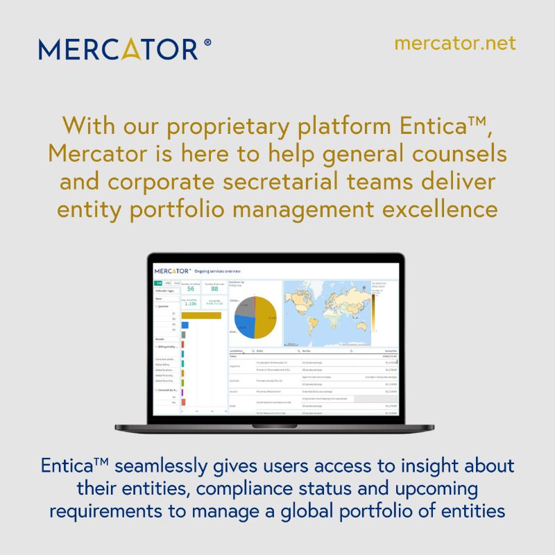 MercatorbyCitco's tweet photo. BarkerGilmore’s survey showed the #GeneralCounsels role has expanded to include #strategic advisory responsibilities.
With data-led approaches critical in today’s market, explore #Entica™ – providing insights on the cost and time required for entity portfolio management.