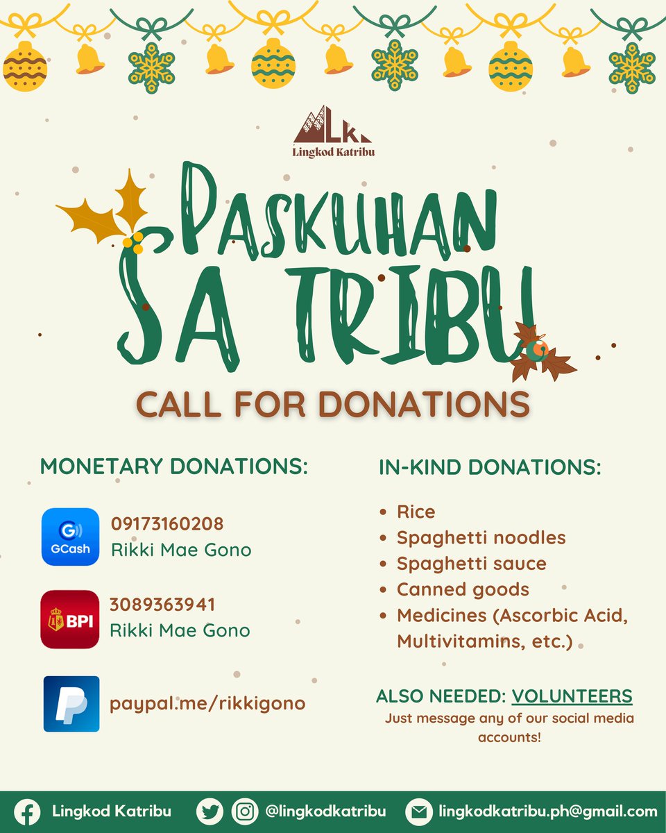 Make a Dumagat family's December one they will always remember! 🎁

For this year's Paskuhan sa Tribu, led by LK and its partner organizations, we will conduct a gift-giving and medical mission with Dumagat families of Rizal as our beneficiaries.

#LingkodKatribu