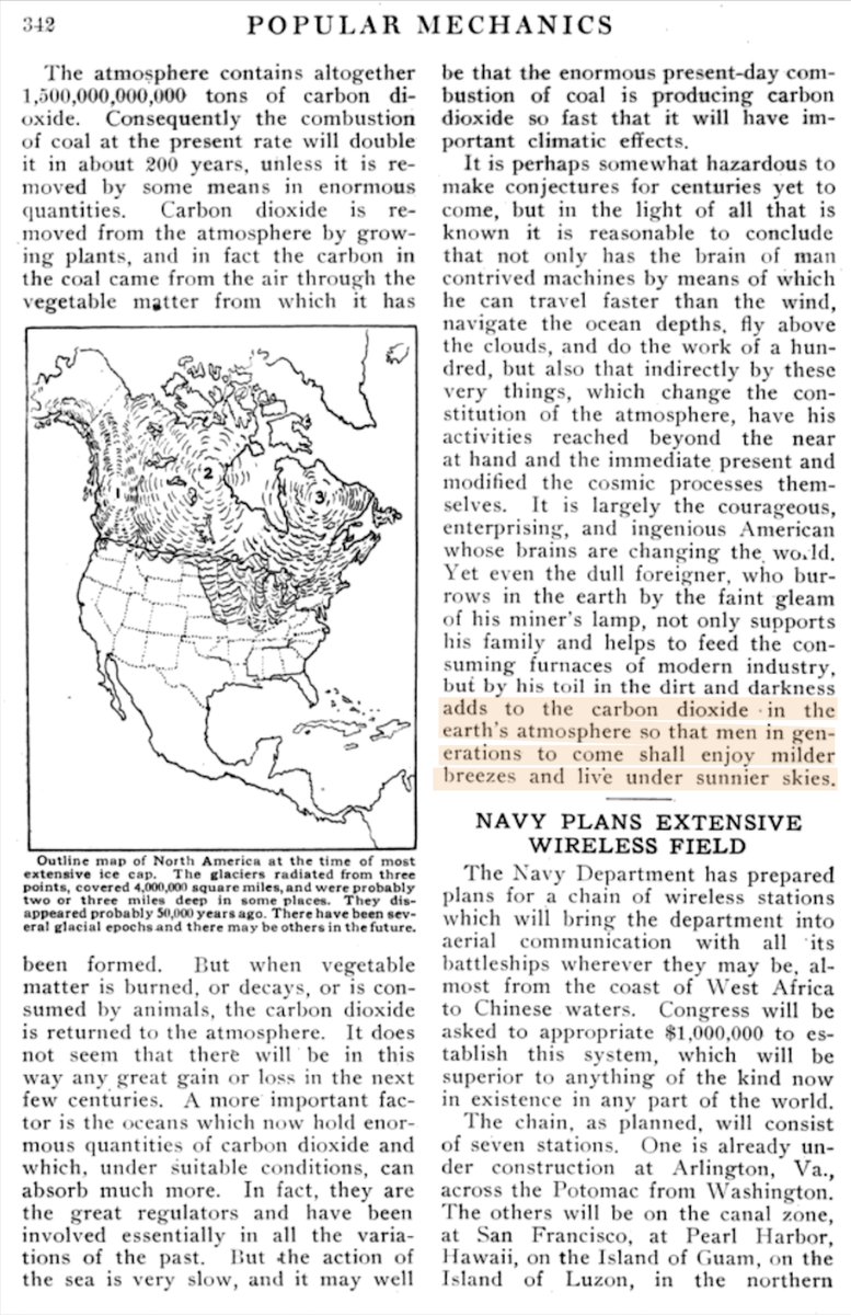 _david_ho_'s tweet photo. Often, this newspaper clipping from ~111 years ago is shared showing that we knew burning coal causes global warming.

What's not shared is that the original Popular Mechanics piece — from which this article was reprinted —  thought global warming would be a good thing. https://t.co/GfGG1mLLQh