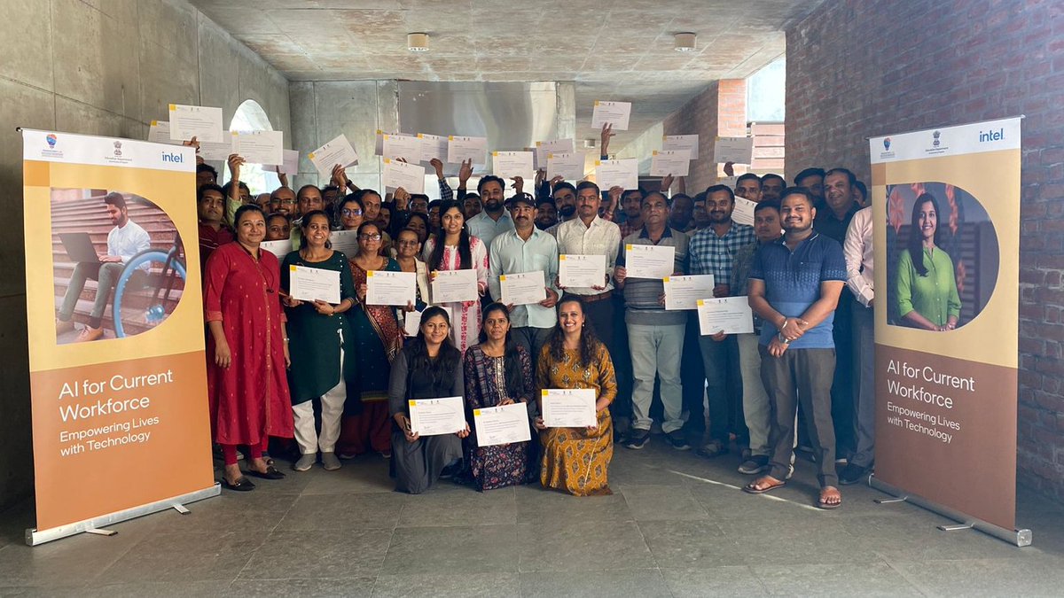 ai4youth's tweet photo. India's first batch of the @intel AI for Current Workforce Program concluded today in Ahmedabad, #Gujarat. 64 faculty members attended the Level 100 of the 2-day #AI upskilling program held in collaboration with @InnoClubCHE, Ministry of Education, Gujarat. #AI4Workforce https://t.co/Ci0CSIo5cM