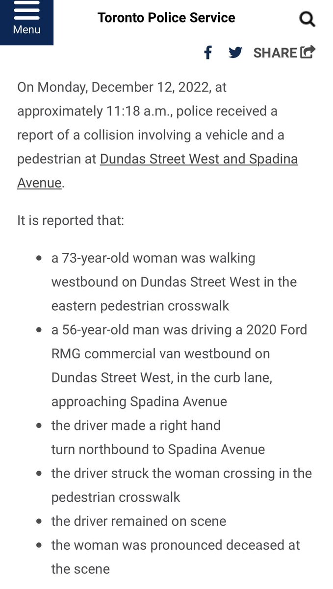 StoptionalTO's tweet image. Your press release forgot to mention 

* Failed to yield to a pedestrian 

This happens every day. Just because he stuck around doesn’t make him innocent #walkTO #stoptionalTO
