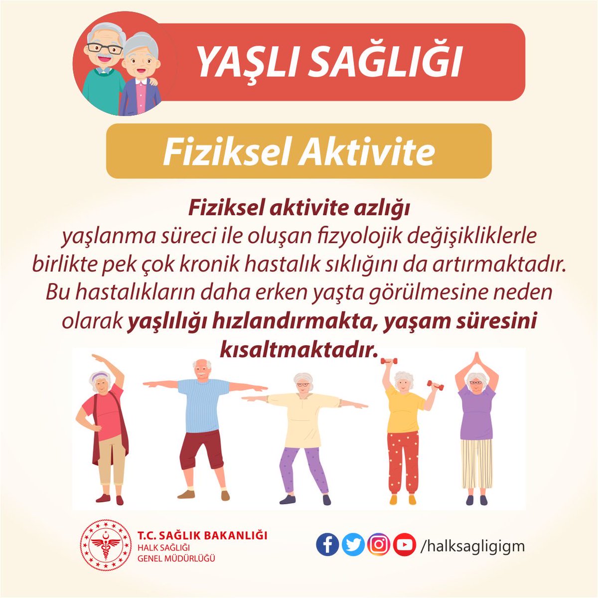 Fiziksel aktivite azlığı yaşlanma süreci ile oluşan fizyolojik değişikliklerle birlikte pek çok kronik hastalık sıklığını da artırmaktadır.Bu hastalıkların daha erken yaşta görülmesi yaşlılığı hızlandırmakta, yaşam süresini kısaltmaktadır.
#YaşlıSağlığı
#FizikselAktivite