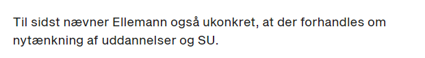 harfeld's tweet photo. Ifølge en lækket lydfil (se B.T.'s hjemmeside) forhandles der ved regeringsforhandlingerne om "nytænkning af uddannelser og SU" imellem @Spolitik og @venstredk. Landets universitetsstuderende (og i slipstrømmen, vi deres undervisere) er fucked. 
#uddpol #dkpol #forskpol https://t.co/lDgD0oLlwW