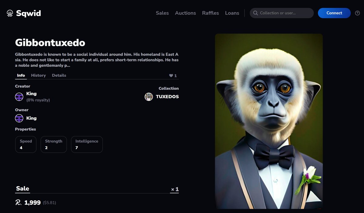 krateiacrypto's tweet photo. New TUXEDOS NFT is Gibbontuxedo on @sqwid_app , He is known to be a social individual around him. He does not like to start a family at all, prefers short-term relationships.
#BuildwithReef #NFTCommunity
#Sqwid #NftSaga #BestNFT #KingofNft
NFT Link: https://t.co/hBH9oGuc6A https://t.co/rRtVjfYXja