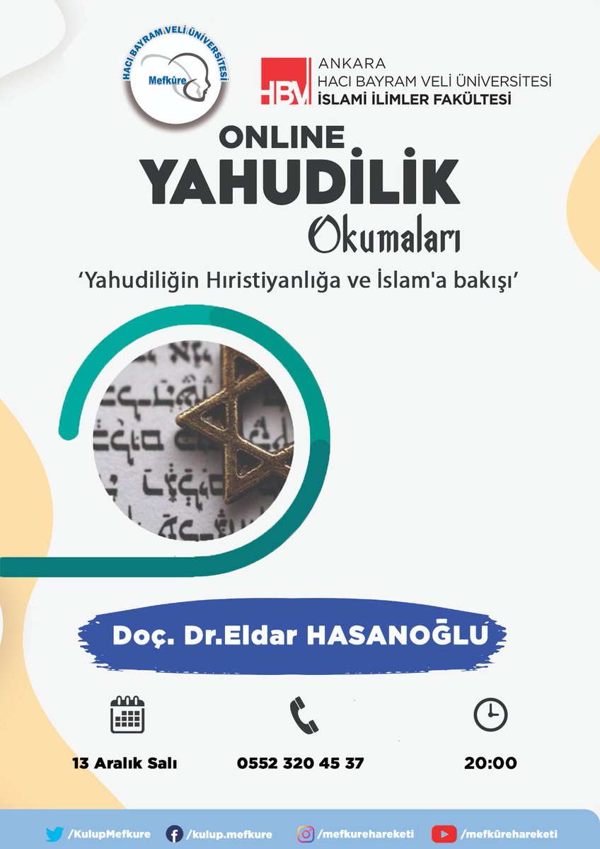 •HACI BAYRAM VELİ ÜNİVERSİTESİ MEFKÛRE TOPLULUĞU•

HBVÜ Mefkûre Topluluğumuzun düzenlemiş olduğu Doç. Dr. Eldar HASANOĞLU hocamızın katılımları ile gerçekleşecek 'Yahudilik Okumaları' başlıklı programımıza katılımlarınızı rica ediyoruz☺ 
 
🗓 13 Aralık 2022 Salı
📍Online
