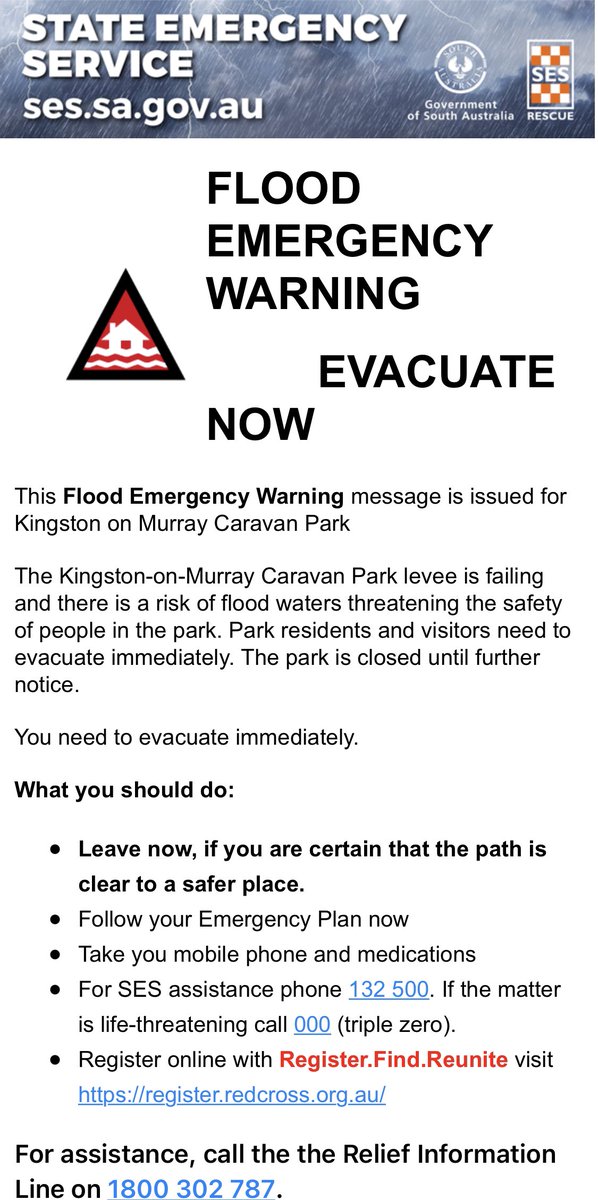 MatthewPantelis's tweet photo. The Kingston-on-Murray Caravan Park levee is failing and there is a risk of flood waters threatening the safety of people in the park. Park residents and visitors need to evacuate immediately. The park is closed until further notice.
You need to evacuate immediately. https://t.co/ZwvXCdVTAC