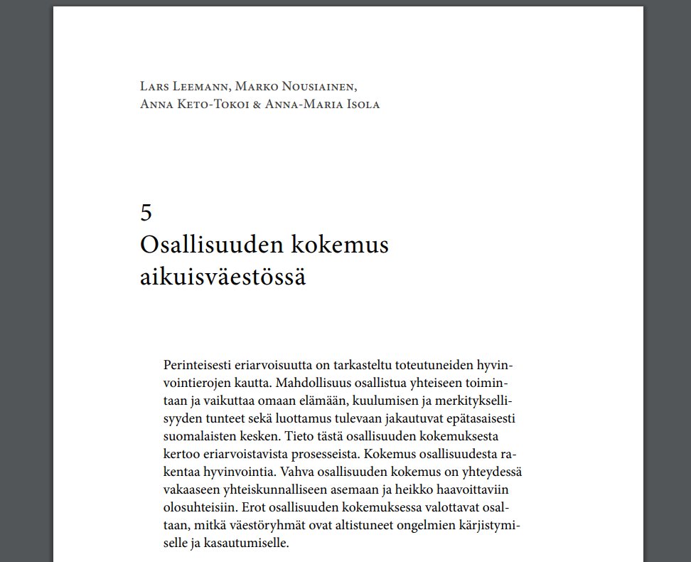 Suomalaisten hyvinvointi 2022 -kirjassa ainutlaatuista tietoa aikuisväestön osallisuuden kokemuksesta!

24,5 % työttömistä kokee erittäin heikkoa osallisuuden kokemusta.

Lue kirja ja tiedote 👉 thl.fi/fi/-/terveys-h…

#osallisuus #osallisuustutkimus #Vipuvoimaa