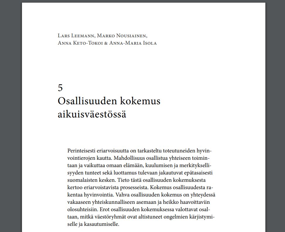 Suomalaisten hyvinvointi 2022 -kirjassa ainutlaatuista tietoa aikuisväestön osallisuuden kokemuksesta! 24,5 % työttömistä kokee erittäin heikkoa osallisuuden kokemusta. Lue kirja ja tiedote 👉 thl.fi/fi/-/terveys-h… #osallisuus #osallisuustutkimus #Vipuvoimaa