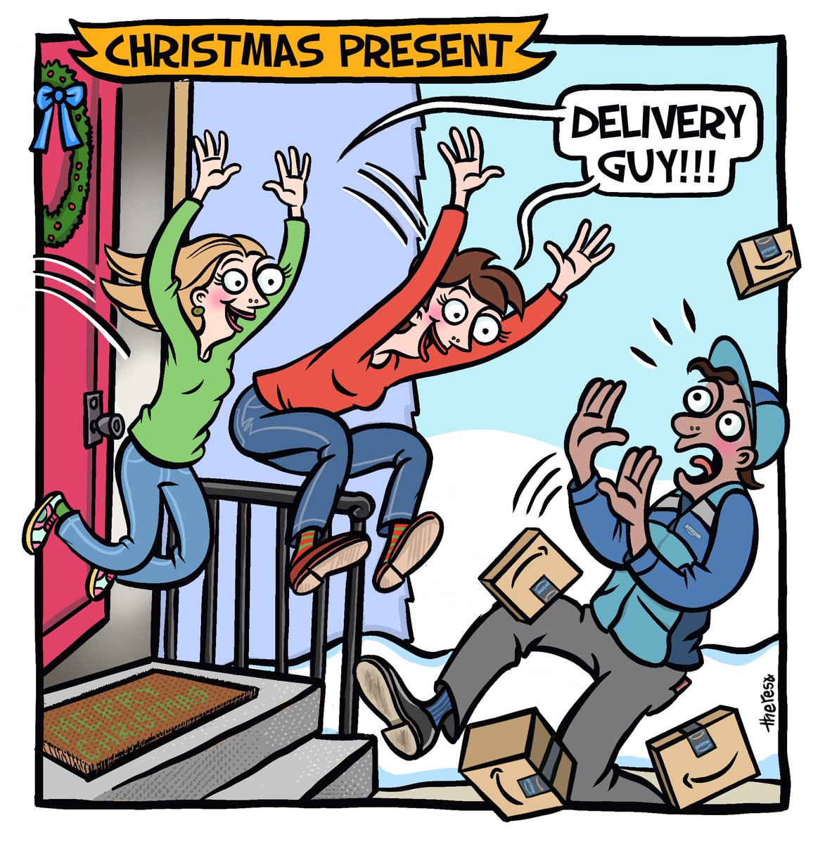 There’s nothing more heartwarming than seeing the sparkle in your kids’ eyes during the holiday season, especially when they first lay eyes on Santa!🎅🏻 ❤️ But now that they are grown…..
Move over Santa! Santazon is coming to town! 🎁

#comicstrips #comicpanel #santazon #amazon