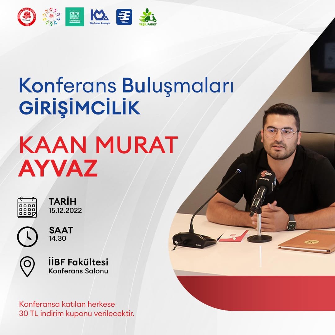 KMA Savunma Sanayi ve Yazılım firması Genel Müdürü Kaan Murat Ayvaz, Konferans Buluşmaları kapsamında 15 Aralık Perşembe günü saat 14:30’da İİBF Konferans Salonu’nda öğrencilerimizle bir araya gelecek.

<a href="/sd_universitesi/">SDÜ</a> 
<a href="/sduogrnckonseyi/">SDÜ Öğrenci Konseyi</a>